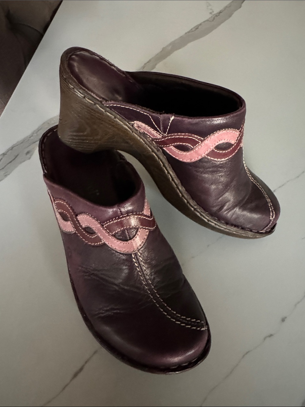 Josef Seibel Leather Mules Clogs Womens 38/7.5 Plum Purple Braided Western Work